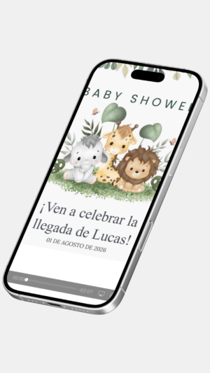 Invitación digital de baby shower con animalitos y guirnaldas