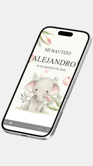 Invitación digital de bautizo con elefante amarillo y verde