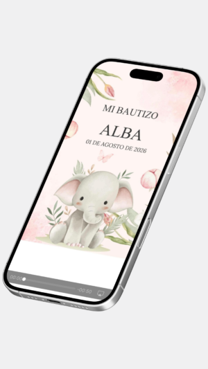 Invitación digital de bautizo con elefante rosa para niña