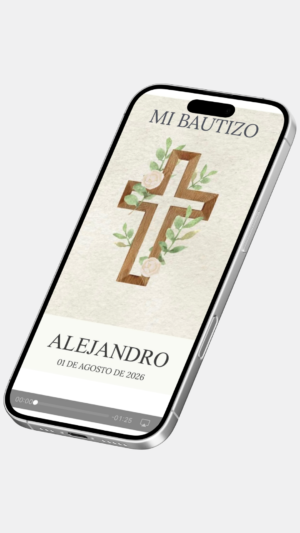 Invitación digital de bautizo con iglesia y cruz dorada