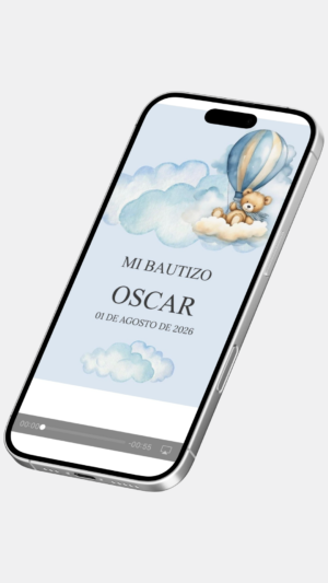 Invitación digital de bautizo con osito azul para niño