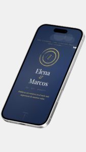 Invitación digital de boda estilo aventureros en azul marino y dorado