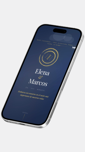 Invitación digital de boda estilo aventureros en azul marino y dorado