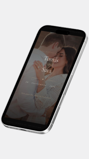 Invitación digital de boda cinematográfica con foto de pareja