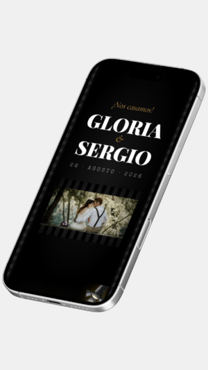 Invitación digital de boda estilo película cinematográfica en negro y dorado